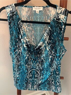 Calvin Klein Teal and Black Snake-Print Cowl Neck Camisole